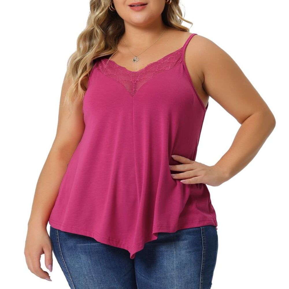Plus Size Cami Tank V-Neck Lace Front Camisole Spaghetti Strap Tops Fuchsia - Picture 1 of 6